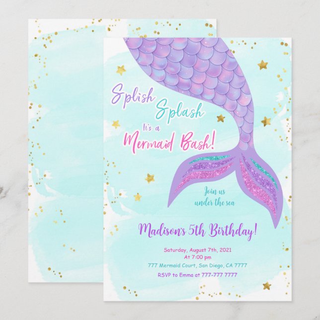 Invitación de sirena para niños bajo el mar (Anverso / Reverso)