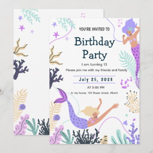 Invitación de sirena para un cumpleaños bajo el ma