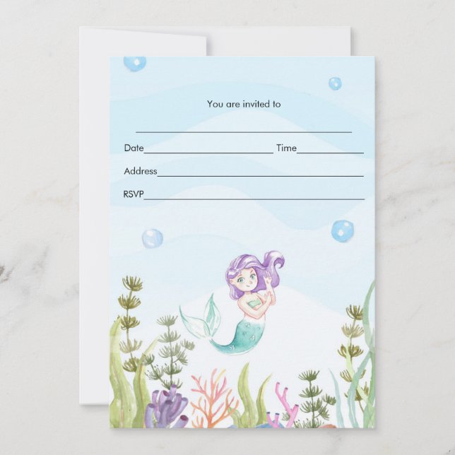 Invitación de Sirena Rellenar en Acuarela (Anverso)