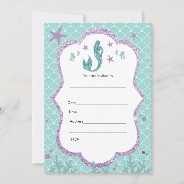 Invitación de Sirena Relleno en Purpura Brillo Tea (Anverso)