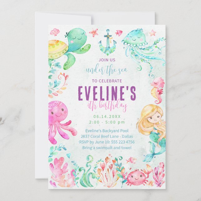 Invitación de Sirena y Amigos Bajo el Mar (Anverso)