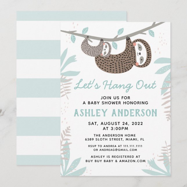 Invitación de Sloth Baby Shower (Anverso / Reverso)