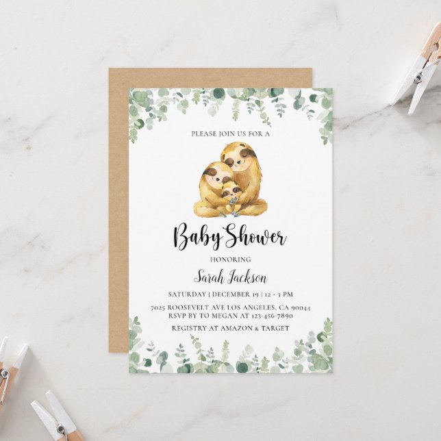 Invitación de Sloth Baby Shower (Anverso/Reverso In Situ)