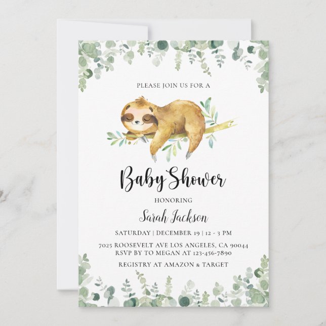 Invitación de Sloth Baby Shower (Anverso)