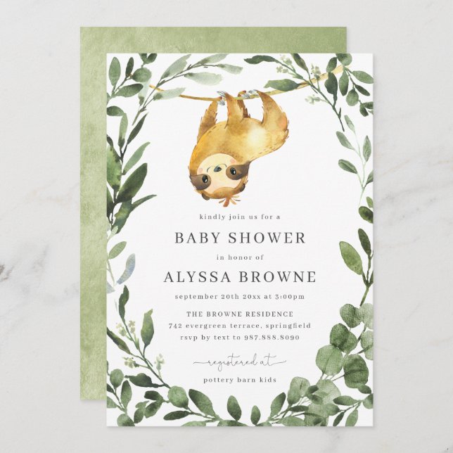 Invitación de Sloth Baby Shower (Anverso / Reverso)