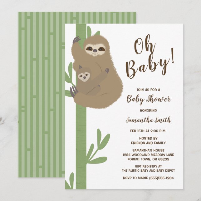 Invitación de Sloth Baby Shower (Anverso / Reverso)