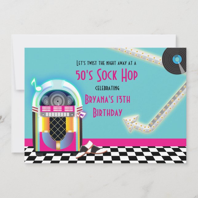 Invitación de Sock Hop, Fiesta de danza Jukebox de (Anverso)