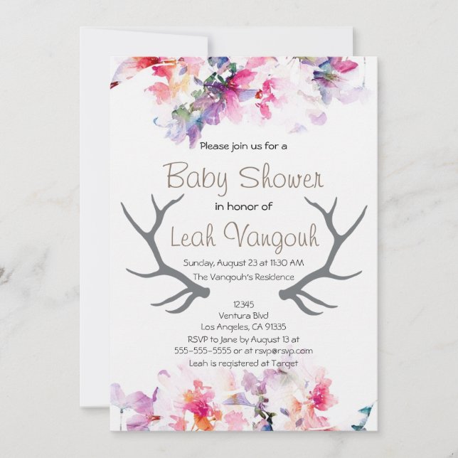Invitación de Soft Floral y Antler Baby Shower (Anverso)
