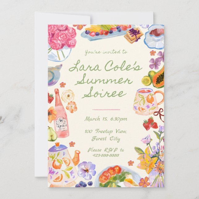 Invitación de Soiree de Verano Comida Bebida Té Di (Anverso)
