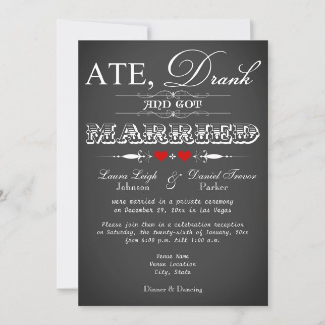 Invitación de solo recepción de boda estilo pizarr (Anverso)