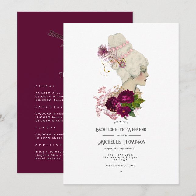 Invitación de soltera floral shabby burgundy rubor (Anverso / Reverso)