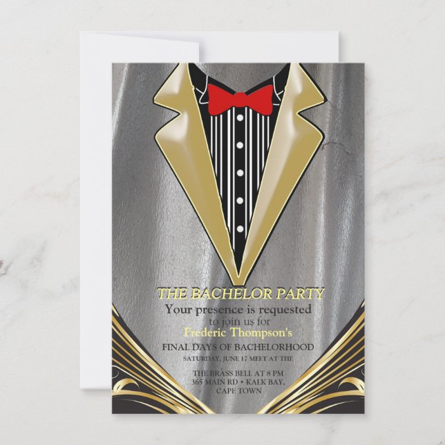 Invitación de soltero con raso de plata y flor de  (Anverso)