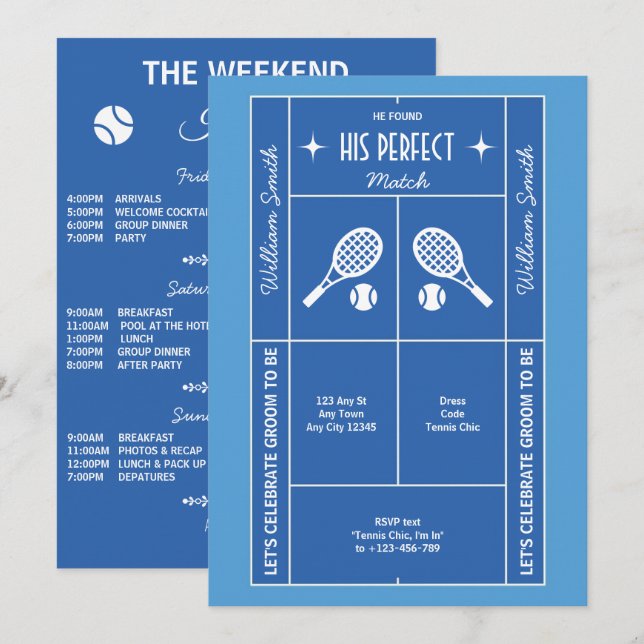Invitación de soltero de tenis azul (Anverso / Reverso)