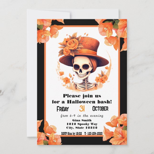 Invitación de sombrero floral de esqueleto de Hall (Anverso)