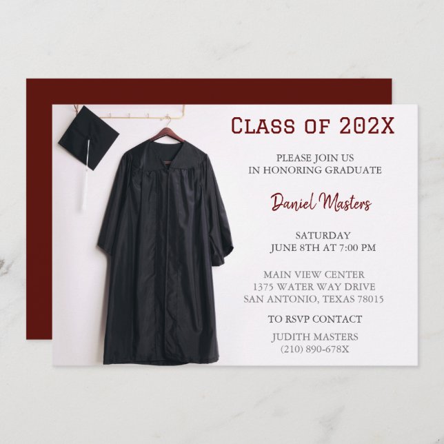 Invitación de sombrero y toga para fiesta de gradu (Anverso / Reverso)