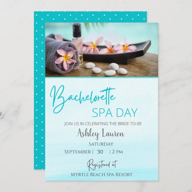 Invitación de Spa Azul para Despedida de Soltera (Anverso / Reverso)