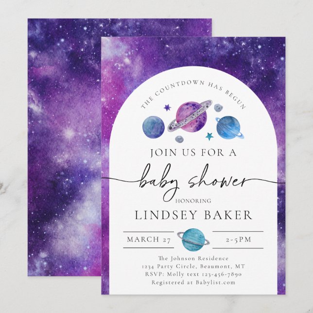 Invitación de Space Baby Shower | Baby Shower espa (Anverso / Reverso)