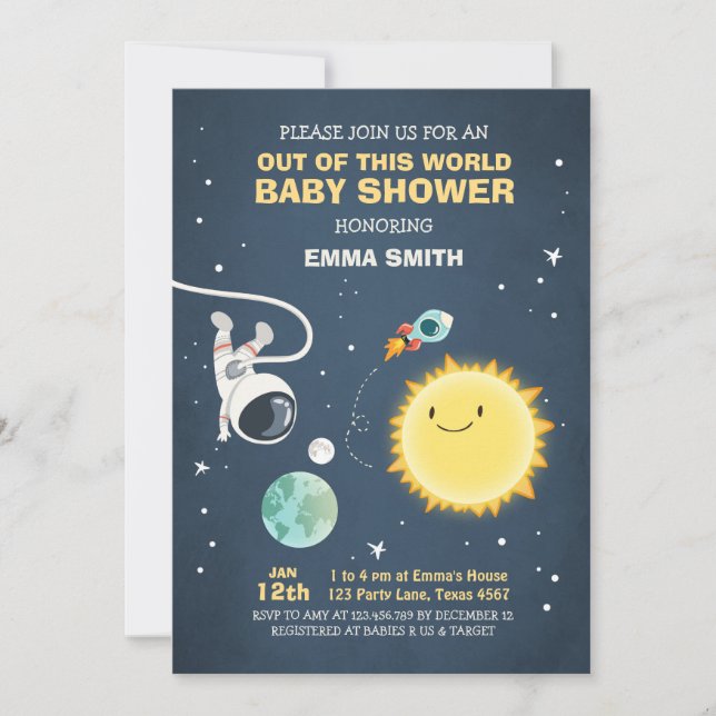 Invitación de Space Baby Shower fuera de este mund (Anverso)