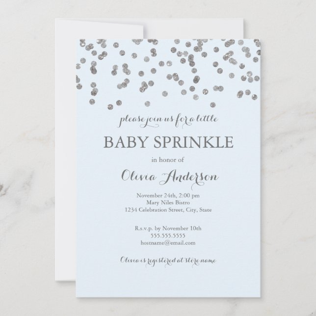 Invitación de Sprinkle de bebé azul con confeti pl (Anverso)
