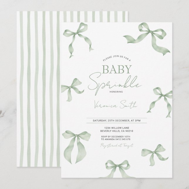 Invitación de Sprinkle de Bebé con Lazo Verde Salv (Anverso / Reverso)