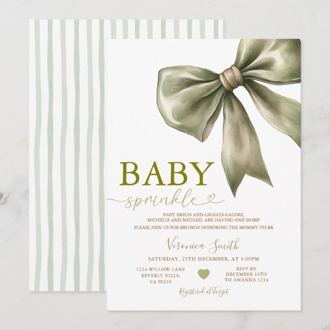 Invitación de Sprinkle de Bebé con Lazo Verde Salv (Anverso / Reverso)