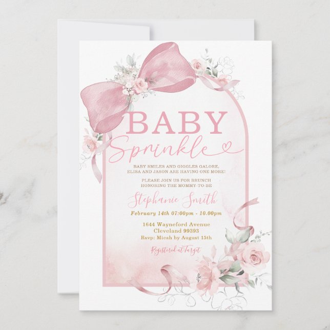 Invitación de Sprinkle de bebé floral niña con laz (Anverso)