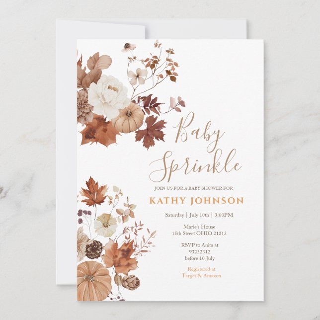 Invitación de Sprinkle de Bebé Otoño Floral Marrón (Anverso)