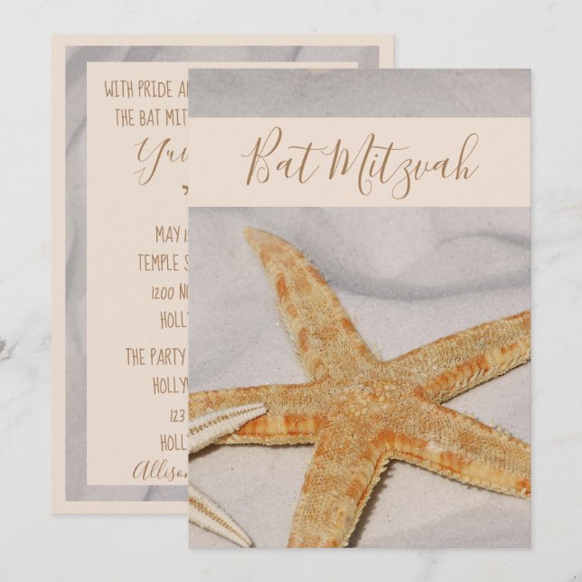 Invitación de Starfish Bat Mitzvah (Anverso / Reverso)