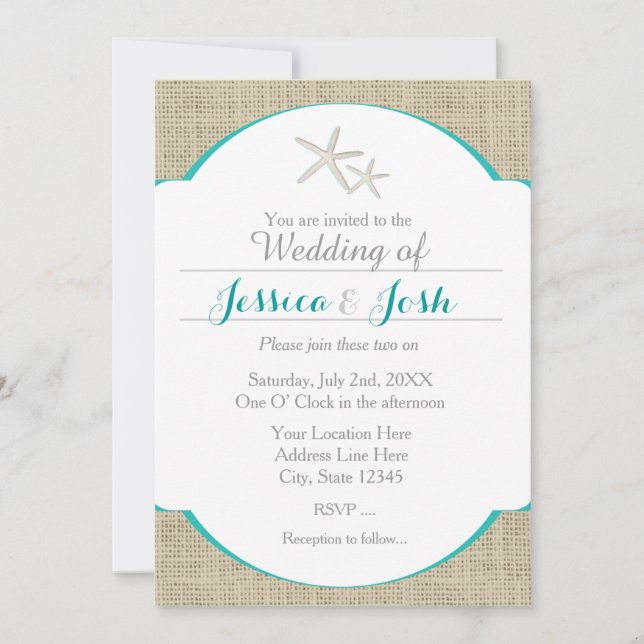 Invitación de Starfish Turquoise Beach Burlap (Anverso)