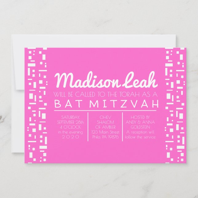 Invitación de Stars & Squares PINK Bat Mitzvah (Anverso)