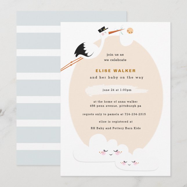Invitación de Stork Baby Shower con nubes (Anverso / Reverso)