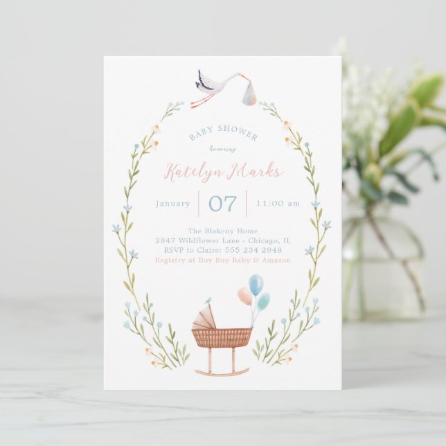 Invitación de Stork Baby Shower rosa y azul (Anverso de pie)