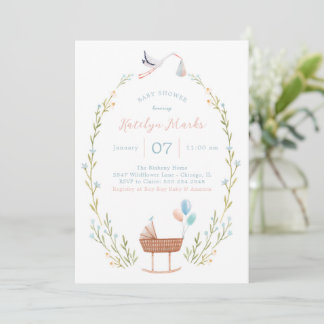 Invitación de Stork Baby Shower rosa y azul