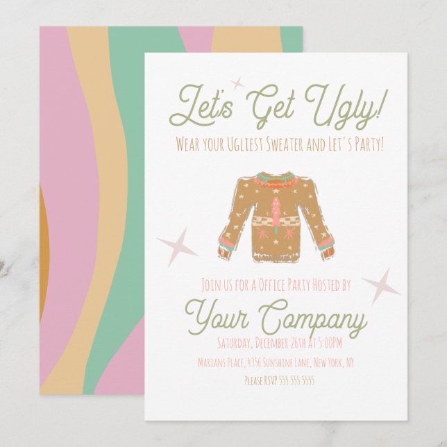 Invitación de suéter feo para fiesta navideña retr (Anverso / Reverso)