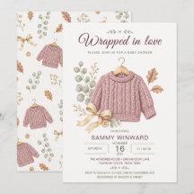 Invitación de suéter rosa polvoriento para baby sh