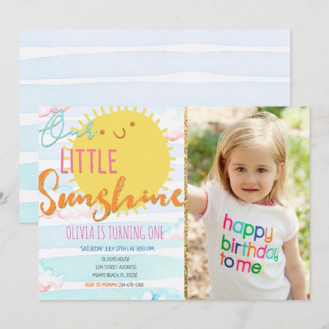 Invitación de Sunshine First Birthday con foto (Anverso / Reverso)