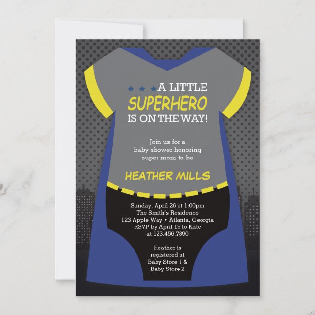 Invitación de superhéroe a Baby Shower, azul, negr (Anverso)