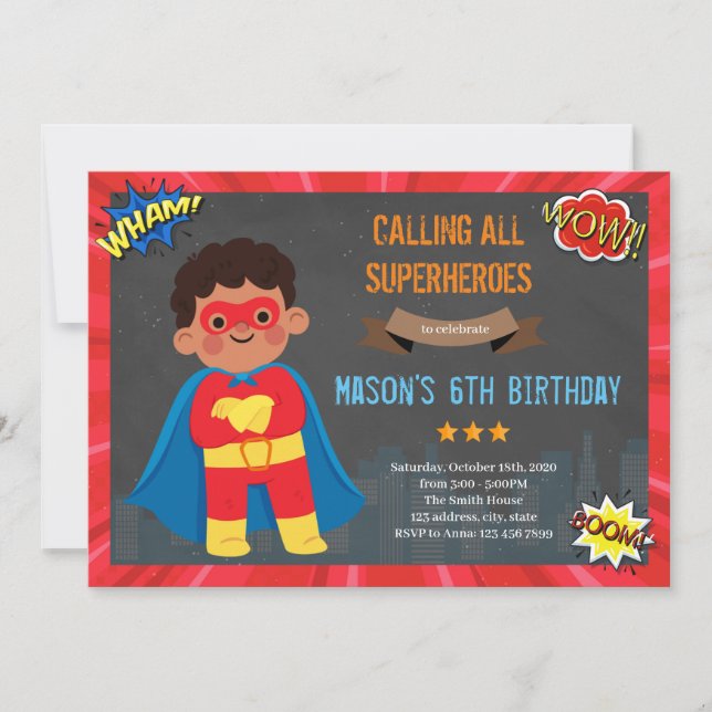 invitación de superhéroe de niño africano (Anverso)