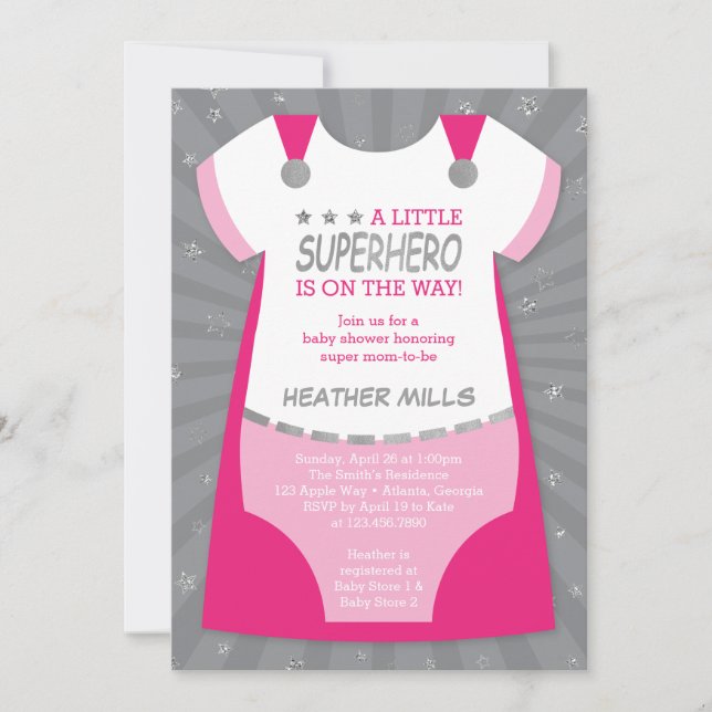 Invitación de superhéroes a Baby Shower, rosado, p (Anverso)
