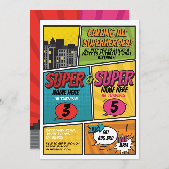 Invitación de superhéroes Fiestas conjuntos compar (Anverso / Reverso)