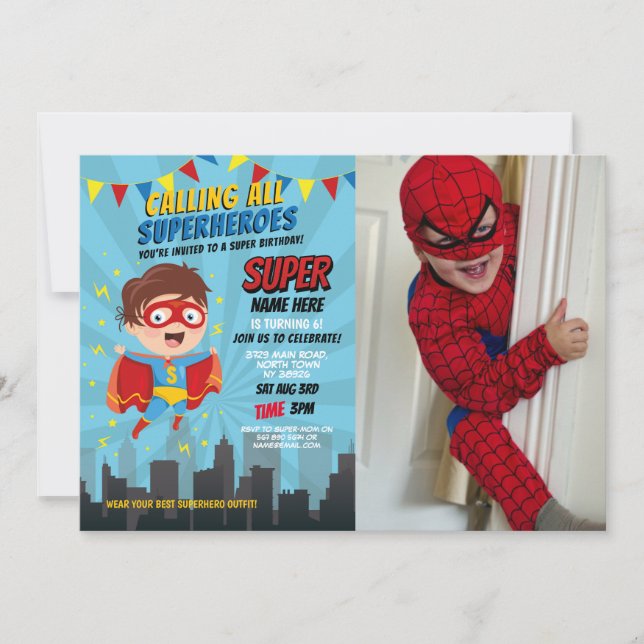 Invitación de superhéroes niños Super Fiesta de fo (Anverso)