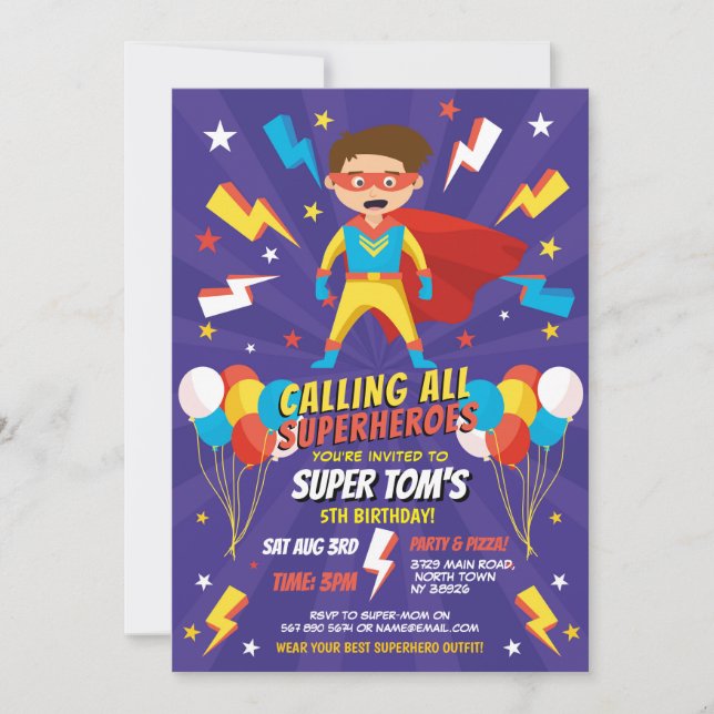 Invitación de superhéroes niños Super Fiesta de la (Anverso)