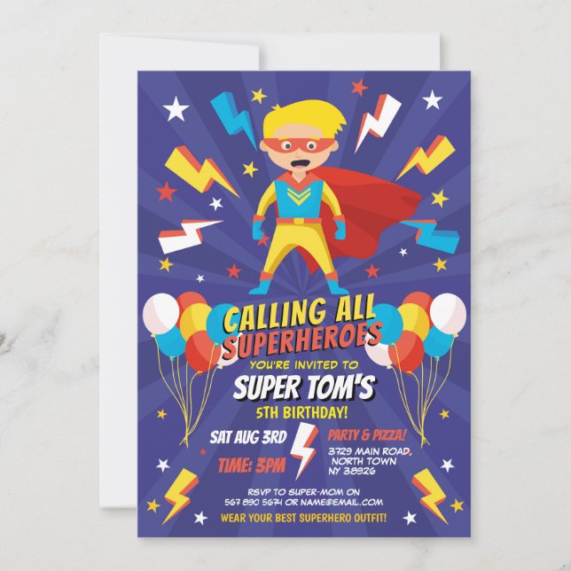 Invitación de superhéroes niños Super Fiesta de la (Anverso)