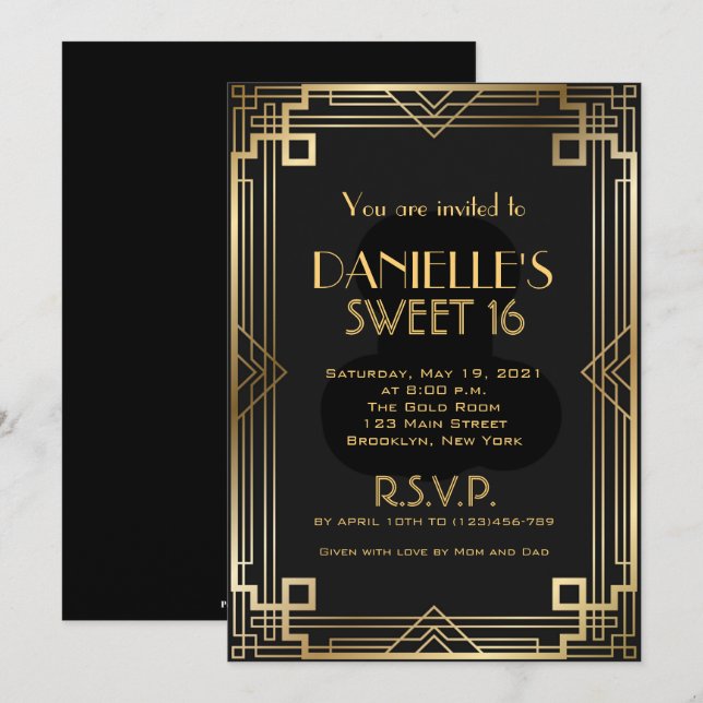 Invitación de Sweet 16 con estilo Art Deco inspira (Anverso / Reverso)