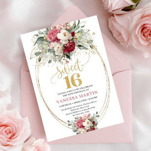 Invitación de Sweet 16 de Floral Dorada Burgundy R