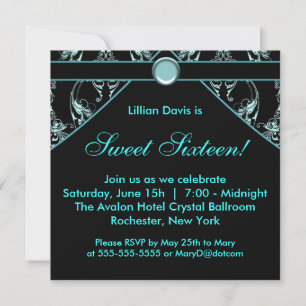 Invitación de Sweet Sixteen de damasco azul azulad
