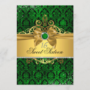 Invitación de Sweet Sixteen de Damasco Verde Dorad