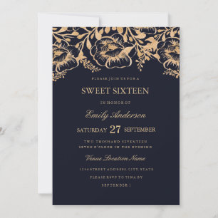 Invitación de Sweet Sixteen floral naval de oro vi