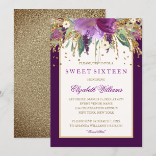 Invitación de Sweet Sixteen Floral Púrpura Amatist