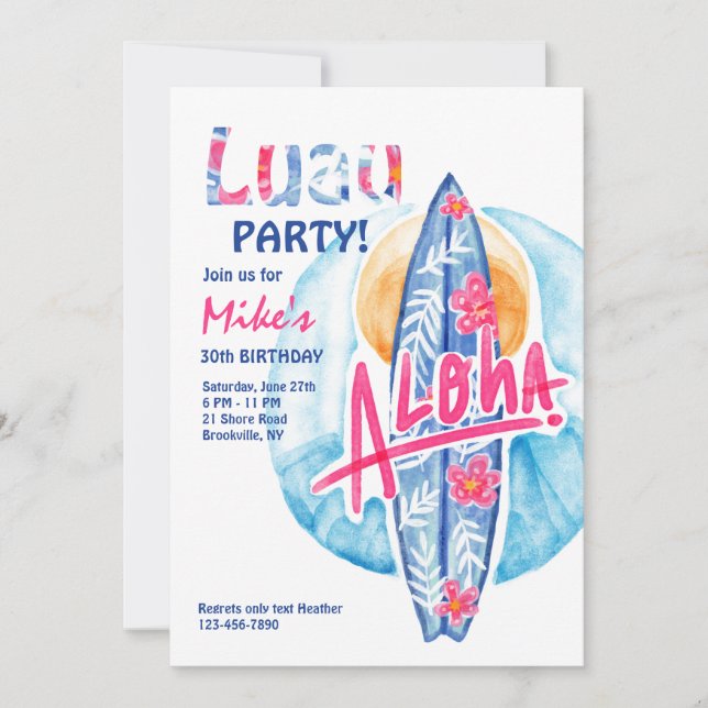 Invitación de tabla de surf Aloha (Anverso)